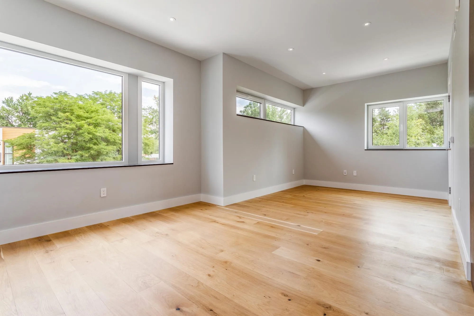 Freshly painted bedroom with wide oak floors and large windows